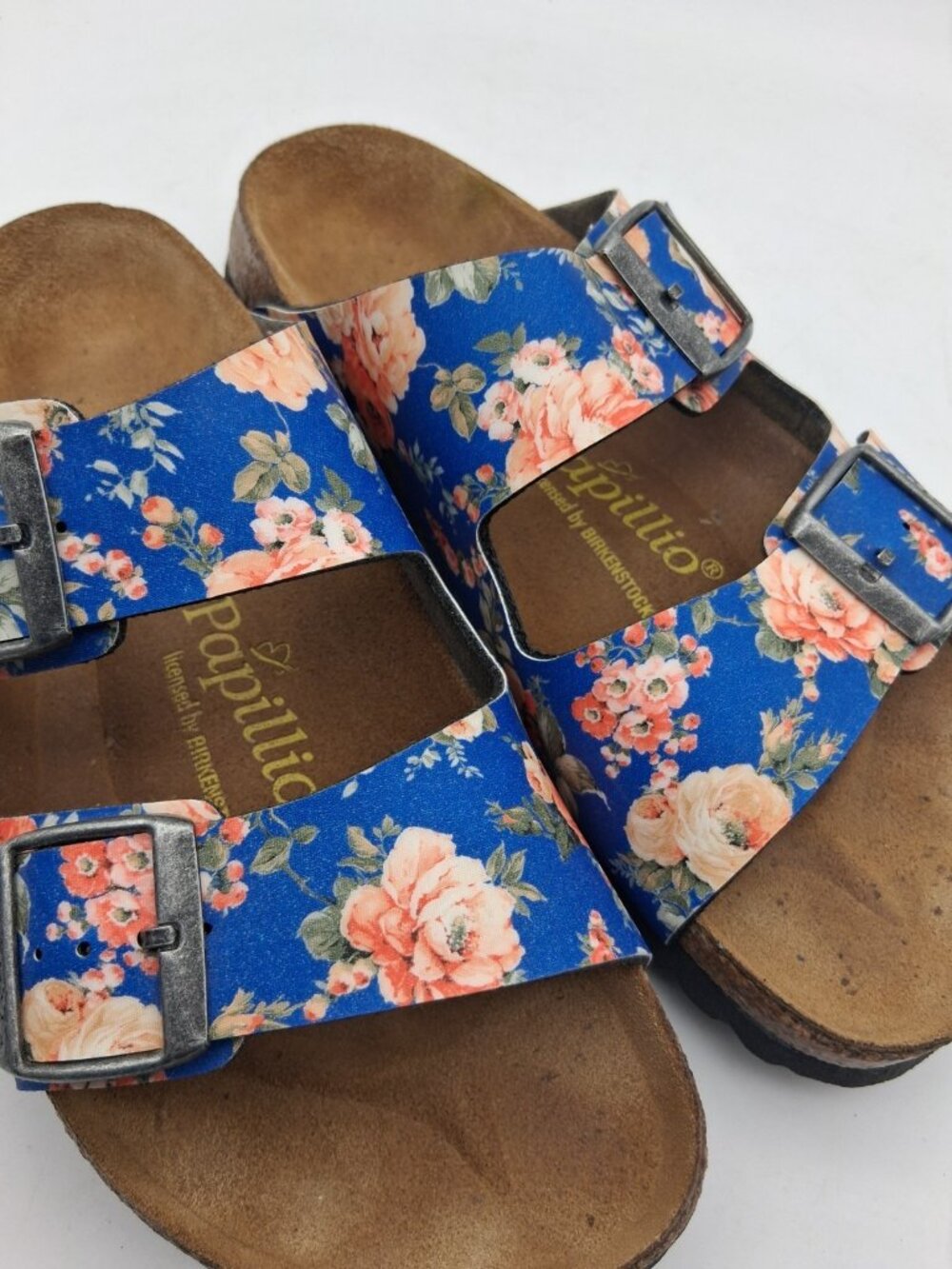 Birkenstock Papillio Arizona Blue Rose Floral Sandals EU 39 US L8 M6 Buckle Boho - Picture 10 of 11